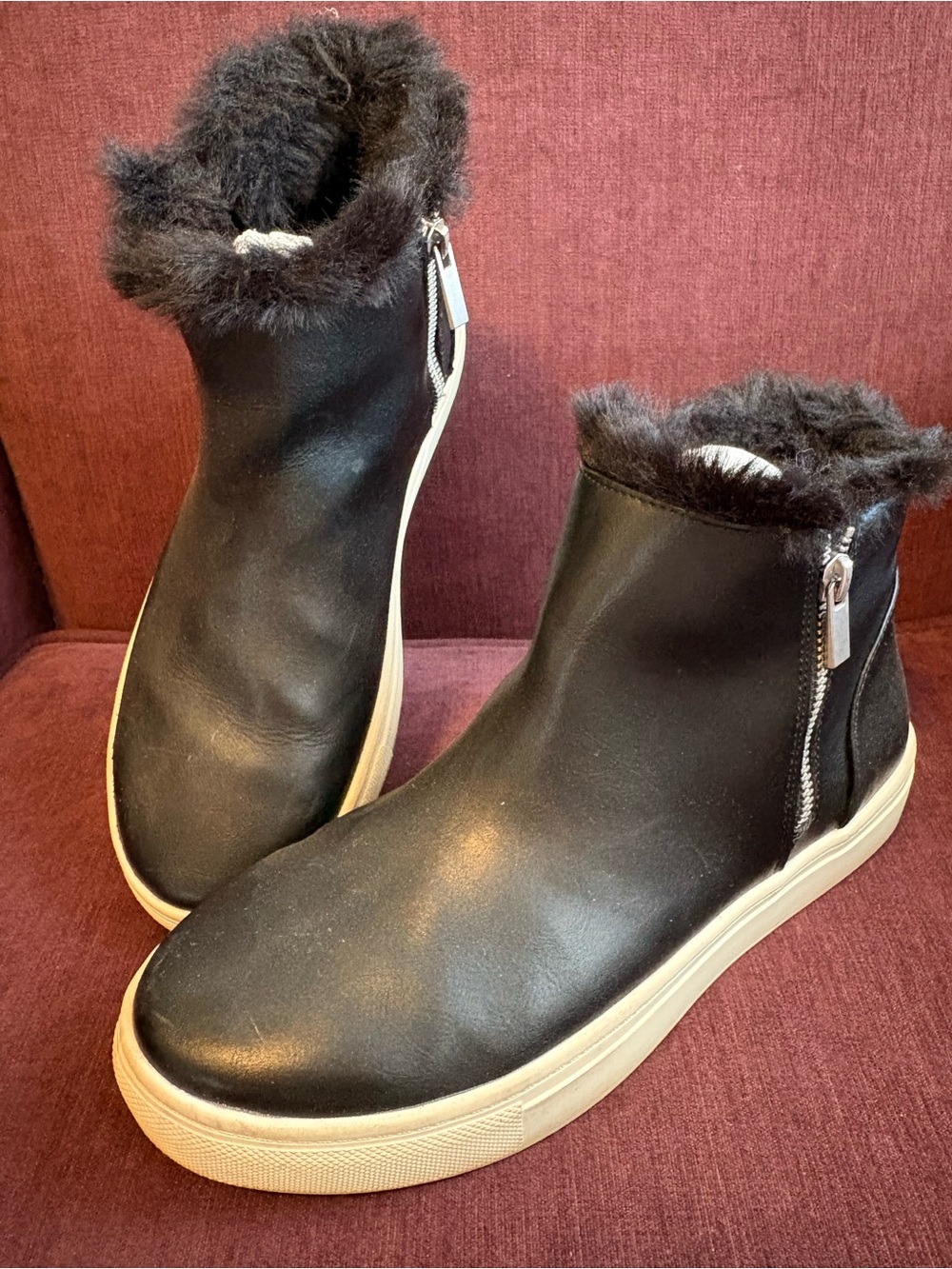 Black Faux-Fur Ankle Sneakers with Side Zipper